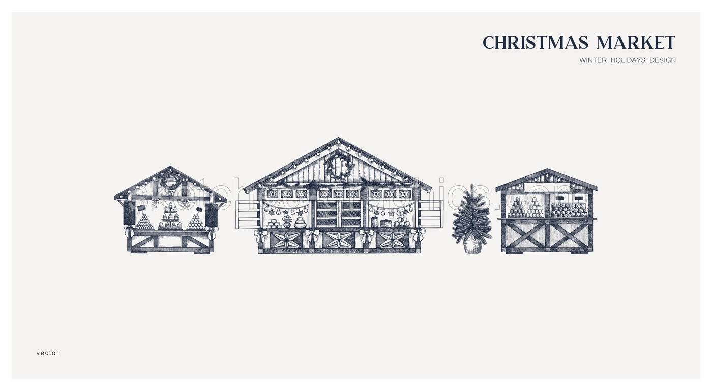 Christmas market card or invitation design. Hand drawn vector illustration. Holiday marketplace, wooden stall, mulled wine, candy shop  sketch Illustration
